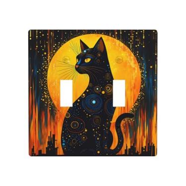 Imagem de Indokyeyqaz Placa decorativa para interruptor de luz de gato preto, lua dourada, placa decorativa de parede, 2 placas de interruptor e capas de tomada 11,4 x 11,4 cm para quarto, banheiro, cozinha