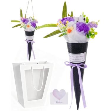 Imagem de Cudroza Buquê de flores de crochê feito à mão, buquê de sorvete de rosas roxas e brancas, fio de crochê para namorada, filha, amiga, festa, formatura, dia dos namorados, decoração de Natal