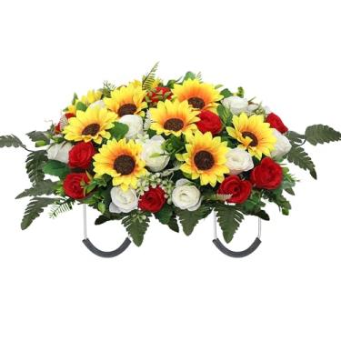 Imagem de Lodou Decorações de lápide em forma de sela de flores artificiais de cemitério, sela de flor de lápide grande, flores memorial de girassol rosa (vermelho branco)