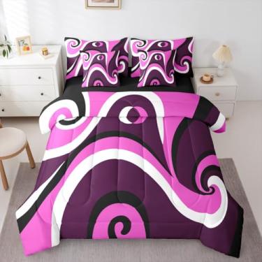 Imagem de Conjunto de cama solteiro com espiral, rosa e roxo, moderno, abstrato, geométrico, listrado, para adultos, preto e branco, minimalista, listrado, em uma bolsa, conjunto de cama de arte contemporânea