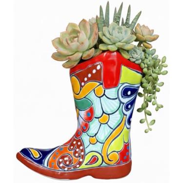 Imagem de Talavera Treasures Vaso Mexicano Pintado à Mão Cerâmica Cowboy Boot Plantador Jardim Interior Exterior Vaso Decorativo (Vermelho)