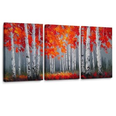Imagem de Impressão em tela de árvore de bétula com 3 painéis, pintura de tríptico de floresta de outono, arte de paisagem natural para sala de estar quarto decoração de escritório, decoração de parede rústica