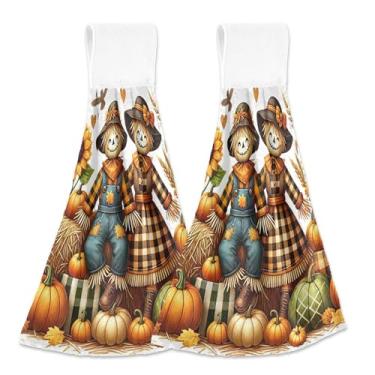 Imagem de Autumn Farm Scarecrow Toalhas de cozinha personalizadas para pendurar no outono toalhas de banho toalhas de gravata absorventes decoração de casa conjunto de 2, 18,2 x 14 polegadas