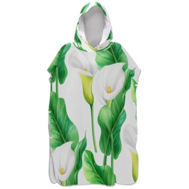 Imagem de Joisal Poncho de surfe para mudança de roupão de praia com capuz toalha floral absorvente feminino ponchos com capuz lírios brancos folhas verdes