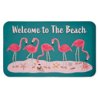 Imagem de Tapete de chão antifadiga Flamingo Beach Greetings, tapete ergonômico acolchoado para cozinha e pé com suporte antiderrapante, tapete de conforto ecológico, design por Darlene Seale, 76 x 45 cm