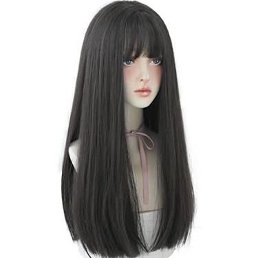 Imagem de URCGTSA Peruca feminina de 56 cm cabelo sintético preto longo reto natural com franja festa cosplay peruca para meninas (preto marrom)