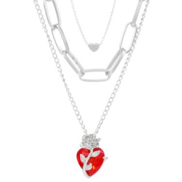 Imagem de WCRAZYE Colar feminino com coração de rosa vermelha, vintage, gótico, vermelho, coração, dia dos namorados, presente de aniversário, Medium, Liga de aço, Zircônia cúbica