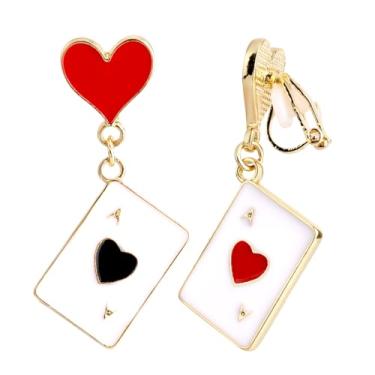 Imagem de Brincos de pôquer para mulheres, brincos assimétricos de corações vermelhos com pingente de encaixe, joias divertidas de cartas de baralho Ace, acessórios de fantasia para festa de Halloween no