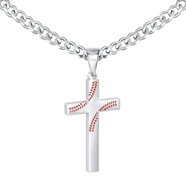 Imagem de Avotto Colar de aço inoxidável 316L com cruz de beisebol/futebol/futebol para homens, meninos, prata, ouro, preto, masculino, 5 mm, corrente cubana resistente que não desbota com pingente de cruz 45