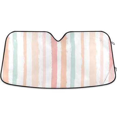 Imagem de Guarda-sol rosa laranja listrado personalizado para para-brisa de carro protetor solar retrátil dobrável para para-brisa dianteiro de carro impressões de animais M, 139,7 cm x 70,1 cm