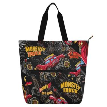 Imagem de GAIGEO Sacola de desenho animado Red Monster Truck para crianças, mulheres, trabalho, escola, zíper, bolsa de lona reutilizável