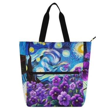 Imagem de GAIGEO Bolsa feminina de trabalho com flores violetas, noite estrelada, bolsa escolar de lona com zíper para uso diário, amantes de livros
