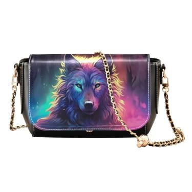 Imagem de Bolsa tiracolo de couro médio com chapéu de duende e trevo, bolsas transversais de couro, bolsas de ombro para mulheres tamanho médio, Lobo em roxo e cádmio-1, One Size