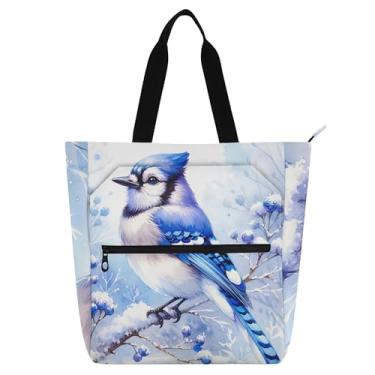 Imagem de GAIGEO Blue Jay Bolsa feminina com estampa de arte, bolsa de trabalho de lona, praia, livro com zíper, utilitário, bolsas infantis para amantes de livros