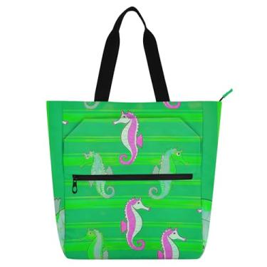 Imagem de GAIGEO Bolsa feminina rosa com desenho animado cavalos-marinhos verde bolsa de trabalho de lona escolar bolsa de livro médio presente para amantes de livros