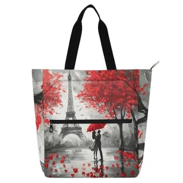 Imagem de GAIGEO Bolsa feminina romântica Eiffel para trabalho, lona, praia, livros, zíper, utilitária, escritório, com compartimentos