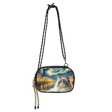 Imagem de TSENQUE Bolsas femininas transversais pequena bolsa ragdoll gato noite estrelada linda carteira para iphone bolsa moda viagem pequena bolsa de ombro