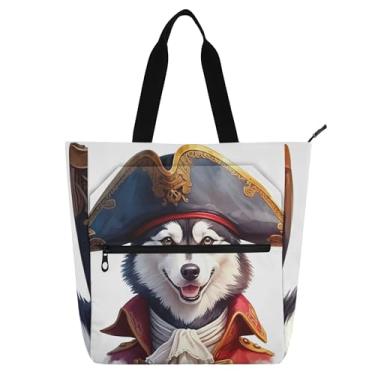 Imagem de GAIGEO Linda bolsa de trabalho com cachorro Husky Pirata para mulheres, bolsa escolar de lona com zíper, presente para professores para amantes de livros
