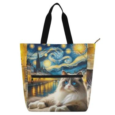 Imagem de GAIGEO Ragdoll Cat Starry Night Lindas Bolsas Femininas para Trabalho Lona Zíper Bolsa de Praia Bolsa Mensageiro Amantes de Livros