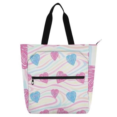 Imagem de GAIGEO Bolsa de trabalho com corações rosa azul para mulheres, bolsa de lona para livros de praia, com zíper, bolsas femininas infantis com compartimentos