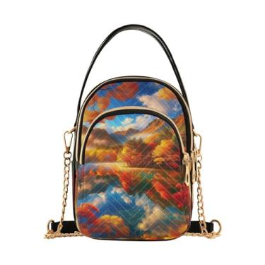 Imagem de Bolsa tiracolo feminina boneco de neve em cinza com corações vermelhos, bolsas pequenas para mulheres transversais, bolsa de verão, Vista para o lago da floresta de outono, One Size