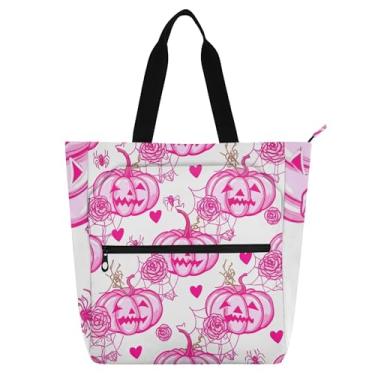 Imagem de GAIGEO Pink Pumpkins Bolsa de trabalho de Halloween para mulheres, bolsa de lona para livros de praia com zíper, bolsa feminina infantil com compartimentos