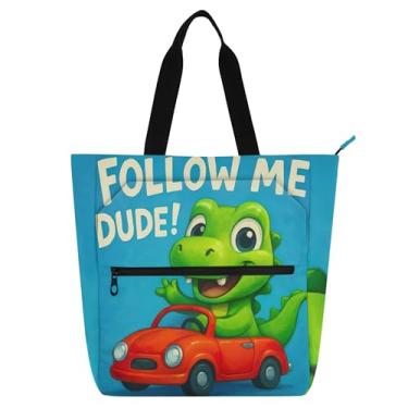 Imagem de Bolsa de trabalho feminina fofa de desenho animado verde com zíper de lona bolsa de praia bolsa utilitária de escritório para amantes de livros presente