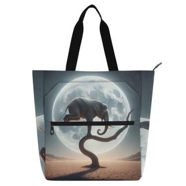 Imagem de GAIGEO Bolsas de trabalho engraçadas de elefante fofas para mulheres, bolsa de lona para livros de praia com zíper, linda bolsa infantil com compartimentos