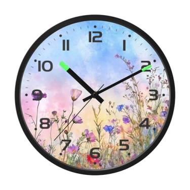 Imagem de SEHANY Herb Wildflower Relógio de parede silencioso sem tique-taque relógio redondo operado por bateria 30 cm controle de som luz noturna relógios de parede para sala de estar, cozinha, quarto