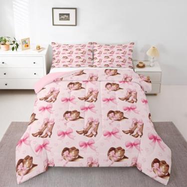 Imagem de Feelyou Conjunto de edredom de vaqueira ocidental para todas as estações, com laço rosa, 2 fronhas, chapéu de vaqueira, bota de microfibra, roupa de cama queen para decoração de quarto, edredom