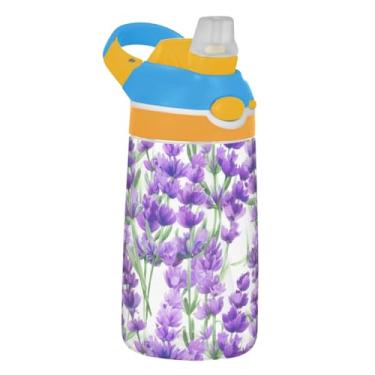 Imagem de Garrafa de água esportiva infantil estética de flor de lavanda roxa para escola, 473 ml Tritan garrafa de água de 473 ml com canudo, copo de viagem infantil reutilizável à prova de vazamento, alça de