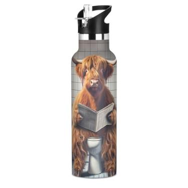 Imagem de Joisal Garrafa de água isolada de 590 ml com tampa e alça de palha, garrafas de água esportivas a vácuo de parede dupla para adolescentes, copos infantis de aço inoxidável à prova de vazamento, vaca