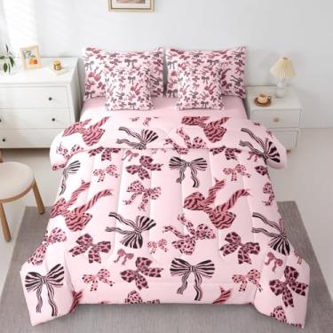 Imagem de jejeloiu Jogo de cama solteiro com laço, 7 peças, leopardo, para meninas, com edredom, lençóis, fronhas, capas de almofada, listras de zebra, para decoração de quarto de pele de animal selvagem