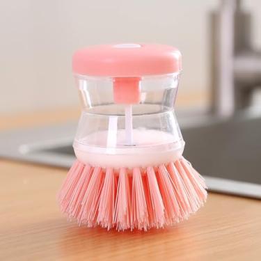 Imagem de Escova de panela de distribuição automática de líquidos, escova de limpeza de louça doméstica com recipiente de sabão embutido