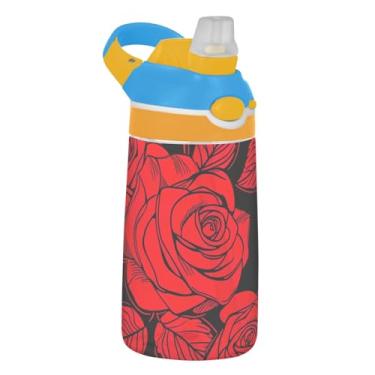 Imagem de Red Roses Garrafa de água preta infantil com canudo 473 ml 473 ml Garrafa de água de plástico Tritan portátil à prova de vazamento copos de viagem para crianças, reutilizáveis, alça de transporte