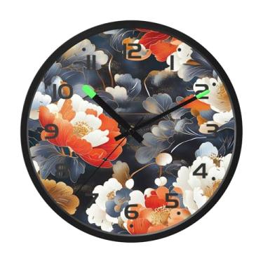 Imagem de SEHANY Relógio de parede vintage com flores de peônia, silencioso, sem tique-taque, operado por bateria, controle de som, luz noturna, relógios de parede para sala de estar, cozinha, quarto