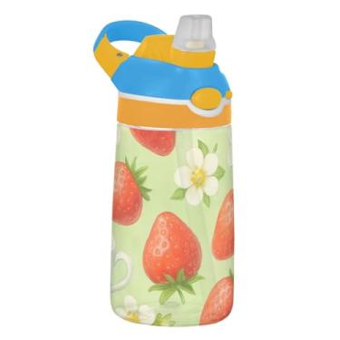 Imagem de Garrafa de água verde de margaridas brancas vermelhas morangos para crianças com canudo 473 ml 473 ml Garrafa de água esportiva Tritan portátil à prova de vazamento, copo infantil, reutilizável, alça
