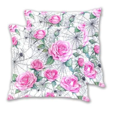 Imagem de Joitme Conjunto de 2 capas de almofada brancas de teias de aranha rosas rosas, almofadas decorativas grandes para sala de estar, 50 x 50 cm, 2 peças