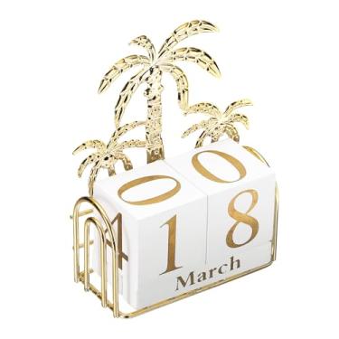 Imagem de PATIKIL Calendário de blocos perpétuos de madeira, exibição diária decorativa dourada com blocos móveis, decoração moderna de mesa de café para festas, feriados, casamento, palmeira
