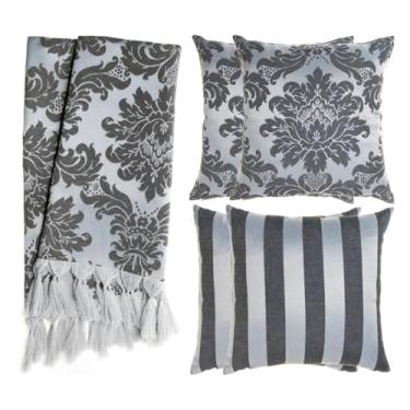 Imagem de Kit Manta para Sofá Jacquard 1.8x1.4m + 4 Capas de Almofada 45x45cm - Conjunto Protetor e Decorativo com Franjas Artesanais(Preto e Prata 74)