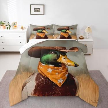 Imagem de jejeloiu Conjunto de edredom Queen de caça ocidental, pato-real, rústico, vintage, rústico, rústico, rústico, fazenda, decoração de quarto, microfibra, 3 peças com 2 fronhas