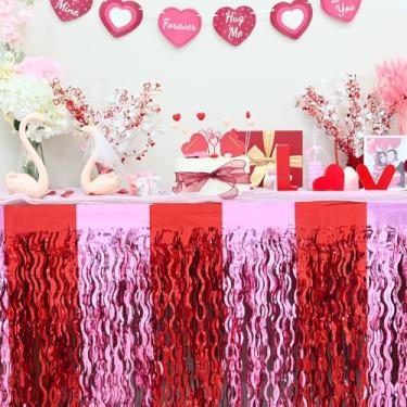 Imagem de Mega-L Decorações de festa dos namorados, pacote com 4 saias de mesa vermelhas e rosa para Dia dos Namorados, saias de franjas metálicas onduladas para mesa retangular e redonda, decorações para festa