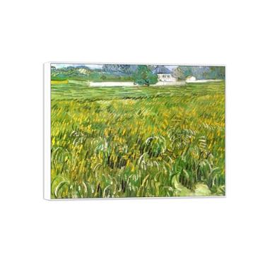 Imagem de BMZFYBS Vincent van Gogh Famosa pintura em tela de arte de parede pronta para pendurar. Campo de trigo com casa. Imagem em moldura branca para decoração de sala de estar 80 x 105 cm 31 x 41 pol