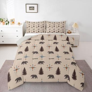 Imagem de jejeloiu Conjunto de cama rústico com urso, macio, para meninos e meninas, para caçar animais, Queen, tamanho Queen, bege, edredom de microfibra, animal selvagem, decoração de quarto, 3 peças com 2