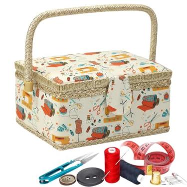 Imagem de Organizador de cesta de costura | Vários compartimentos com alça de armazenamento - Organizador de acessórios de costura com estampa vintage - para agulhas de linha, quilting, crochê, artesanato