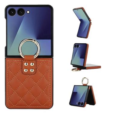 Imagem de Capa para Samsung Galaxy Z Flip7, capa traseira ultrafina e leve com anel de metal, capa de couro fina à prova de choque, design elegante de ponto de diamante (marrom)