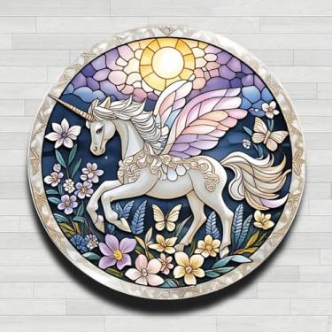 Imagem de Placa de parede redonda de metal de alumínio rústico floral floral de unicórnio alado, 20 cm, presentes e decoração para casa, escritório, café e quintal