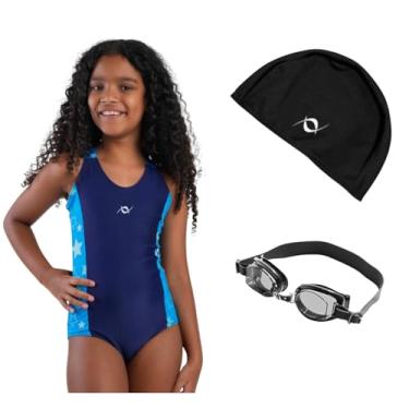 Imagem de Kit Maiô Natação Infantil Touca Tecido Infantil E Óculos Uv (Marinho/Estampa Azul Estrela - Óculos Preto, 8)