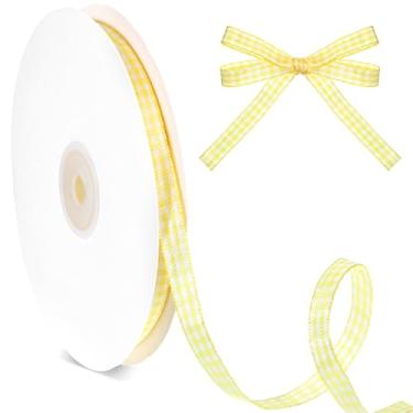 Imagem de Fita xadrez amarela de 50 metros, fita xadrez amarela e branca de 0,9 cm, fitas xadrez com borda tecida, fitas xadrez para embrulho de presente, buquê, decoração, arte, artesanato, costura, laço de