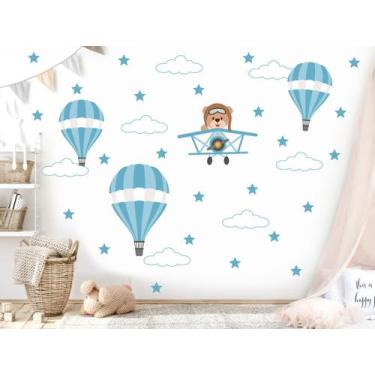 Imagem de adesivo de parede urso aviador e balões azul bebê avião ursinho cute b
